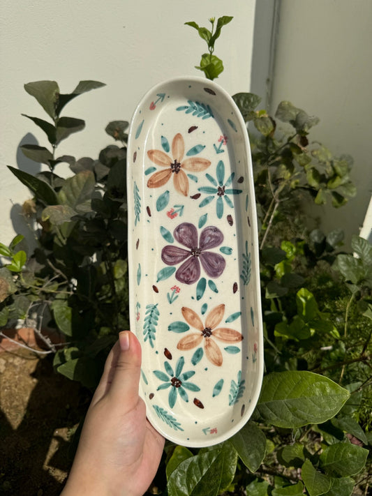 Large Teal Floral Oval Platter - Platters