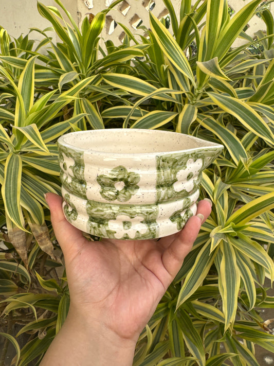 Green Floral Grid Matcha Bowl