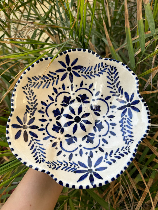 Flower Shaped Blue-Print Ceramic Bowl